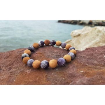   Tisztánlátás- nyugalom karkötő, Szantálfa és Chrevron Ametiszt kristályokból