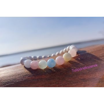   Újjászületés karkötő Akvamarin, Morganit, Helidor és Kagylóhéj kristályokból, ezüst Tulipángyönggyel