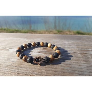   Magabiztosság- erő Férfi karkötő, Lávakőből és Tájképjáspis kristályokból, Hamsa kézzel