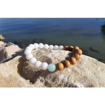   Harmónia karkötő, Szantálfa, Kagylóhéj és Akvamarin kristályokból
