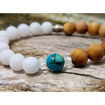   Szabadság karkötő, Krizokolla, Hókvarc, Hegyikristály és Szantálfából, ezüst Tulipángyönggyel