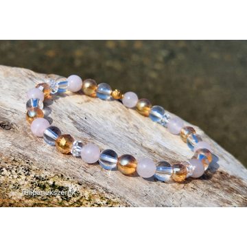   Bőség és öröm karkötő, Arany Aurakvarc, Rózsa és Hegyikristályokból, réz Tulipángyönggyel