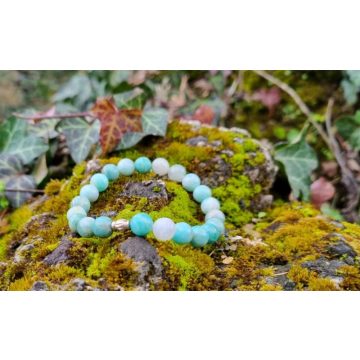   Amazon karkötő, Amazonit és Holdkő kristályokból, ezüst Tulipángyönggyel