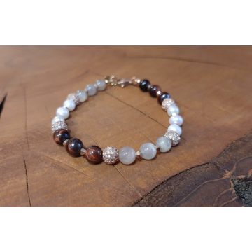   Nap és Hold karkötő, Holdkő, tenyésztett Gyöngy, Macskaszem és Tigrisszem kristályokból, Swarovski kiegészítőkkel.