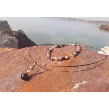   Bőség- elegancia szett, Merev nyakék és karkötő, Swarovski gyöngyök, Arany Aurakvarc, Gránát, Hematit kristályokból.