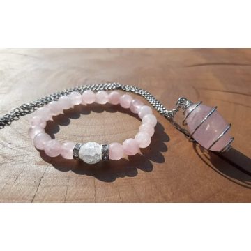   Tiszta szeretet Rózsakristály szett. Karkötő Hegyikristállyal és Rózsakristály medál spirálban, lánccal