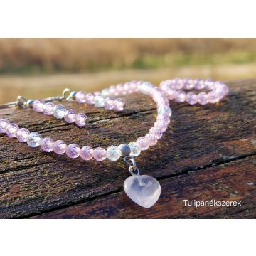   Szivecskés nyakék, fülbevaló és gyűrű, ragyogó Cirkóniákból és Rózsakristályból