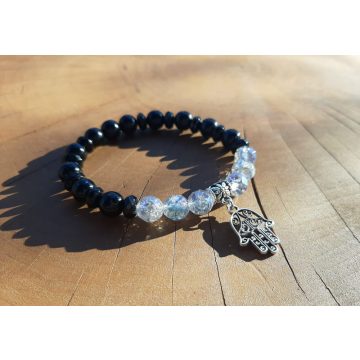   Angyali védelem karkötő Angyal Aurakvarc és Onix kristályokból, Hamsa kézzel