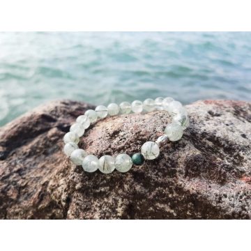   Örök fiatalság karkötőSmaragd és Rulitkvarc Kristályokból, ezüst Tulipángyönggyel