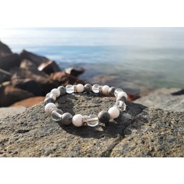   Stabilitás Kristálykarkötő SzürkeJáspis és Kagylóhéj kristályokból