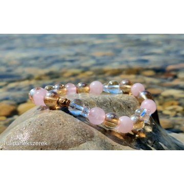   Ragyogás karkötő, Tulipángyönggyel, Arany Aurakvarc, Rózsa és Hegyikristályokból