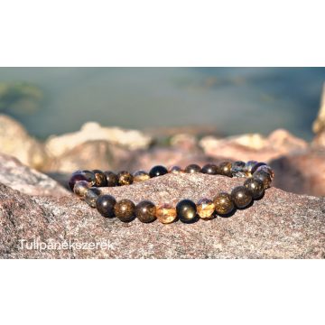   Védelmező és bőséghozó karkötő, Gránát, Bronzit, Obszidián, Füstkvarc és arany Aurakvarc kristályokból