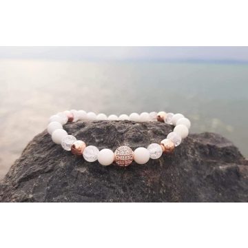   Nőiesség, erő karkötő, Rosegold Hematit, Kagylóhéj és Hegyikristályból