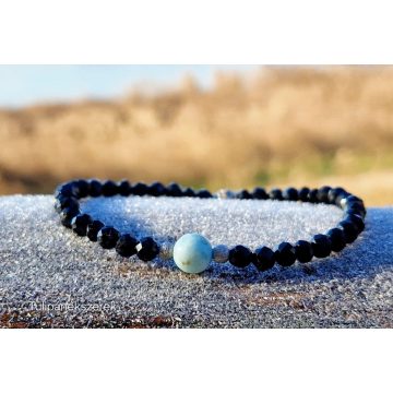 Larimár- fekete Spinell karkötő, ezüst gyöngyökkel