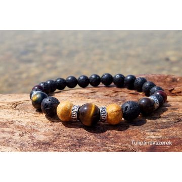   Siker-bőség- védelem talizmánkarkötő, Palosanto, Lávakő, Tigris, Macska és Sólyomszem kristályokból