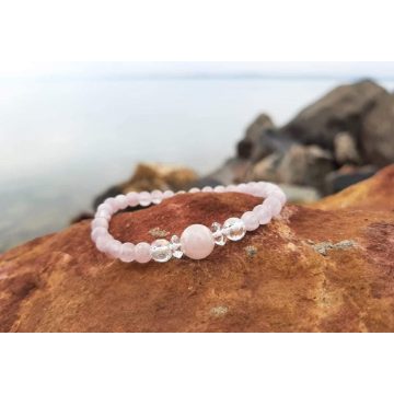   Feltétel nélküli szeretet, Teljesség karkötő. Kunzit, Aurakvarc és Hegyikristályokból, ezüst Tulipángyönggyel