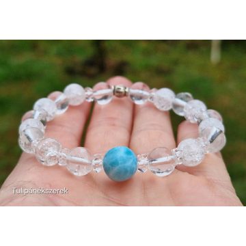   Delfinkarkötő egy Larimárból, ami egyenesen Domnikáról érkezett, Hegyikristályokkal, ezüst Tulipángyönggyel