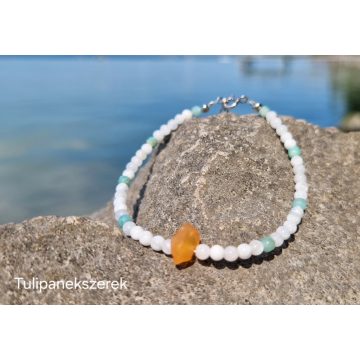   Tűz és víz karkötő, különleges, nyers Tüzopál Holdkövek és Amazonitokkal körbevéve, ezüst kapoccsal